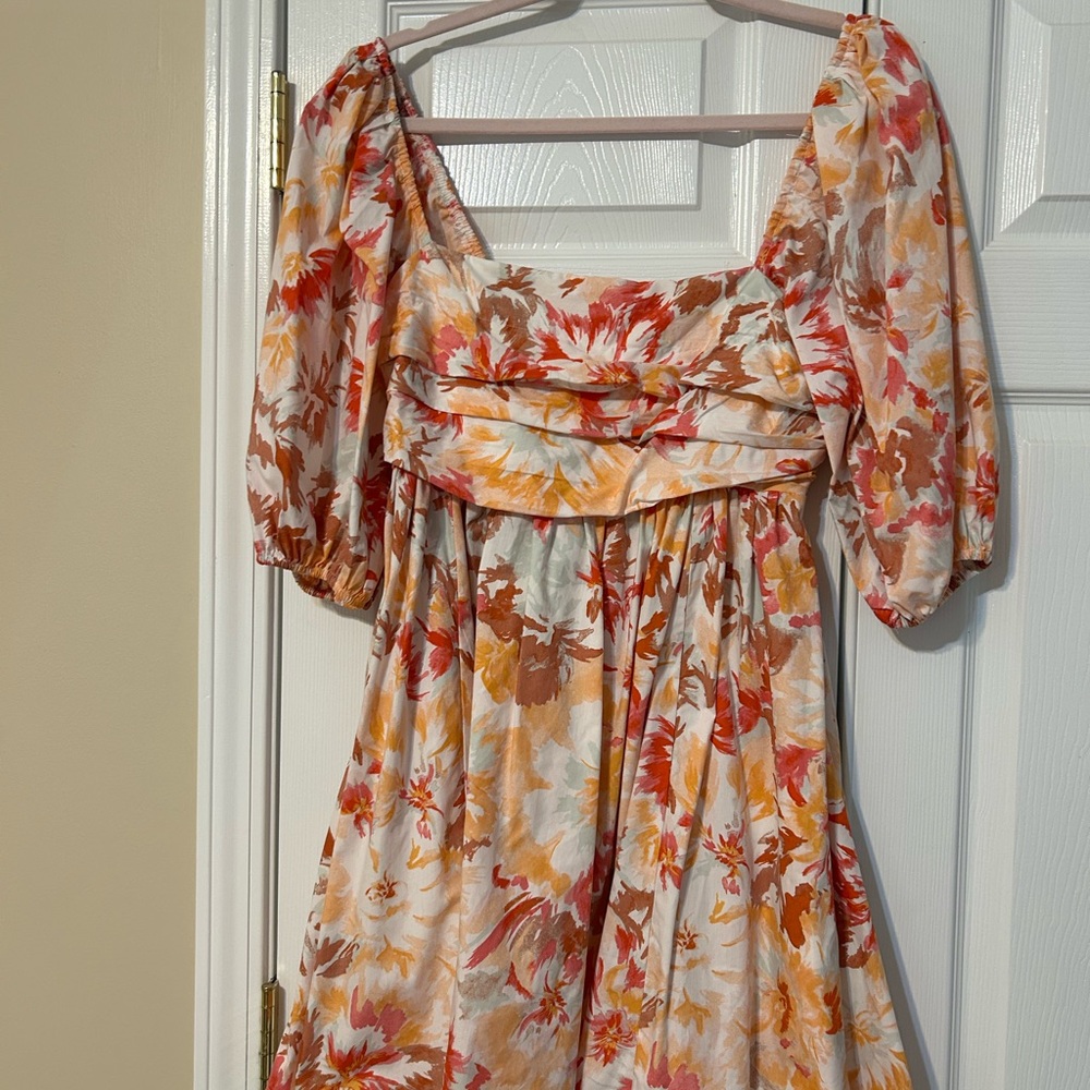 Abercrombie & Fitch Floral Puff-Sleeve Midi Dress in Cream, Rust, Mustard